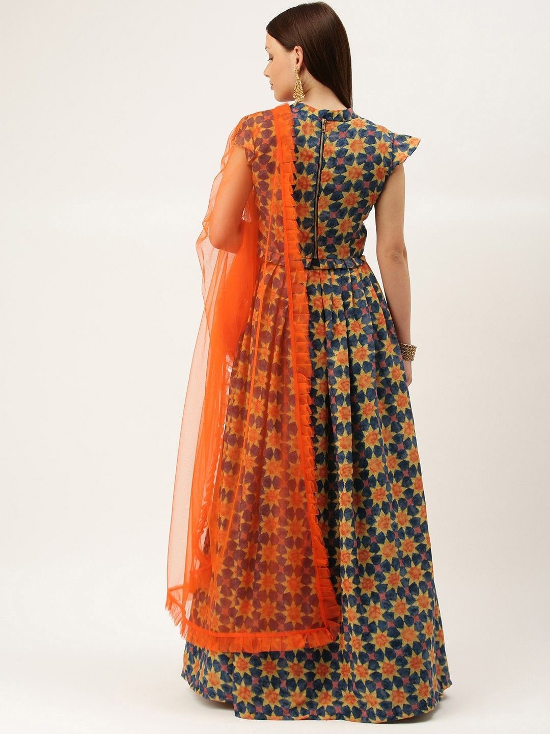 Bollywood Vogue Ready To Wear Multicolored Printed Pleated Lehenga - Back View