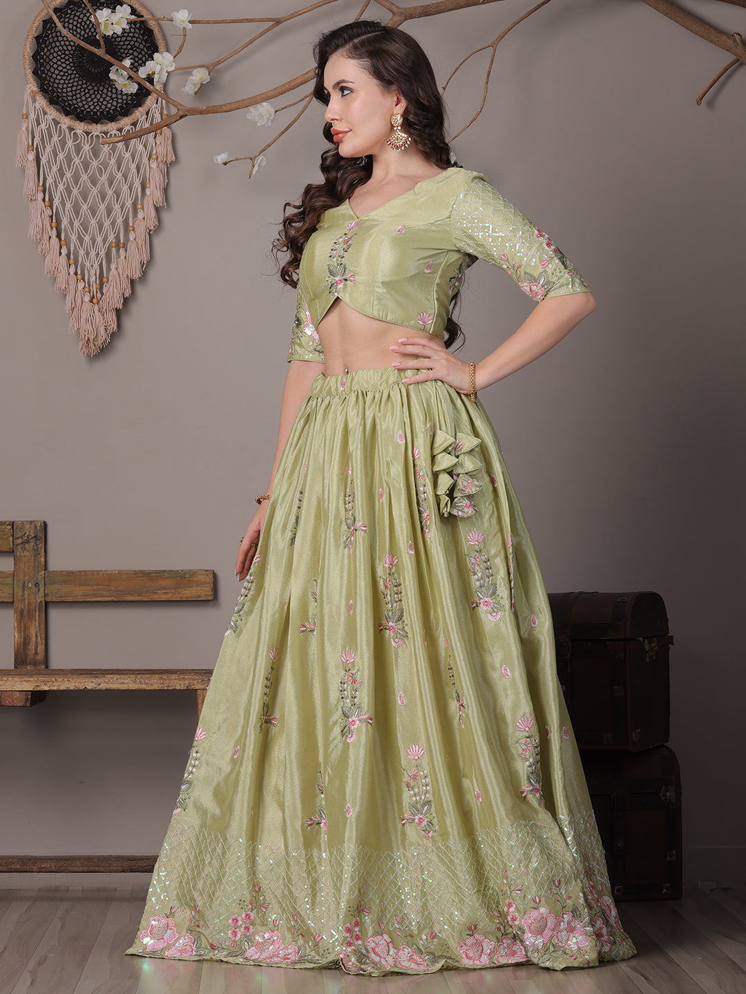 Bollywood Vogue Ready To Wear Green Chinon Embroidered Lehenga - Detail View