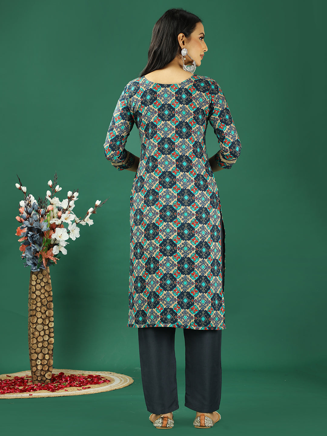 Bollywood Vogue Ready To Wear Multicolored Printed Viscose Kurta Set - Back View