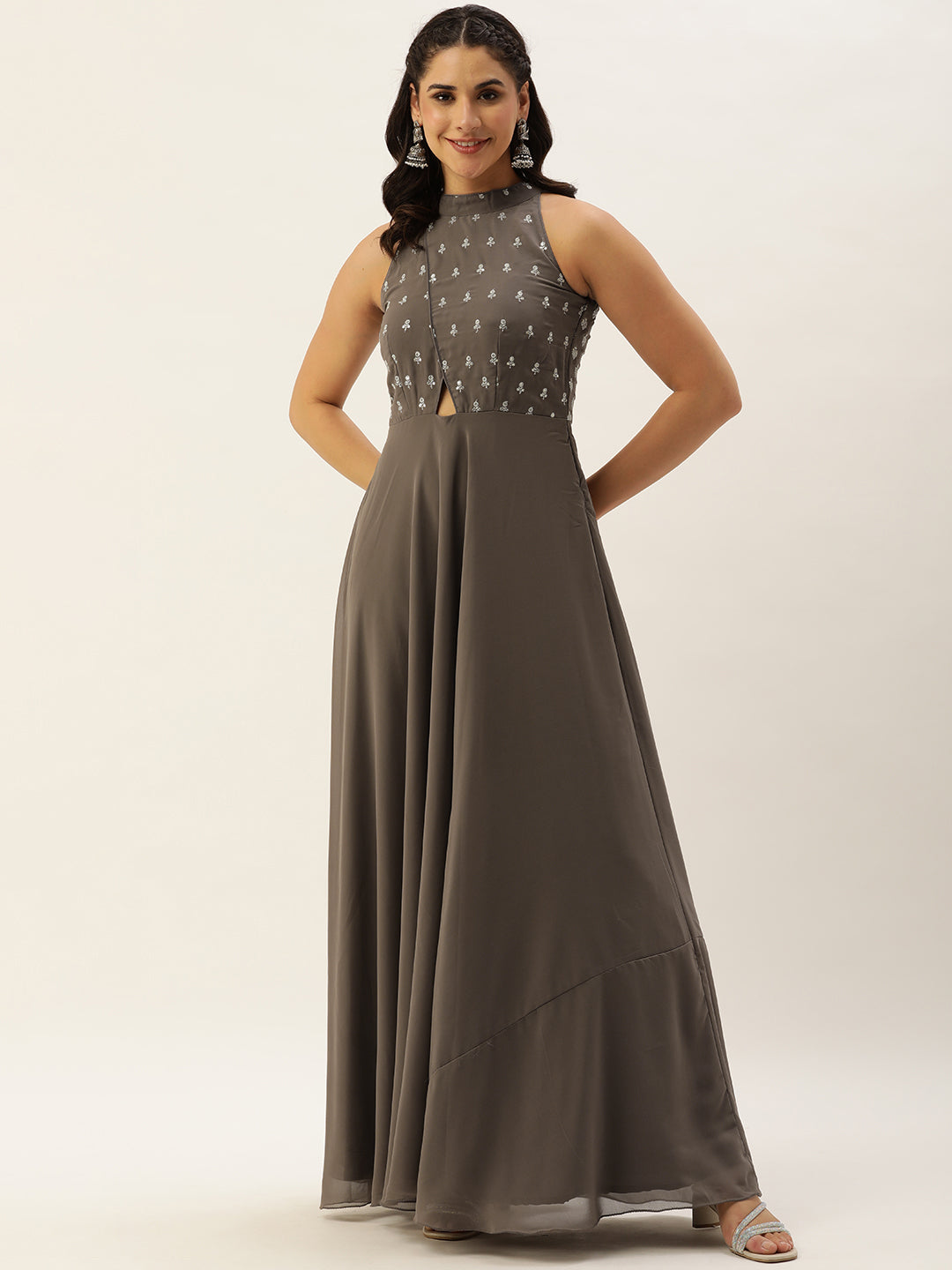 Bollywood Vogue Ready To Wear Grey Embroidered Halter Neck Gown - Front View