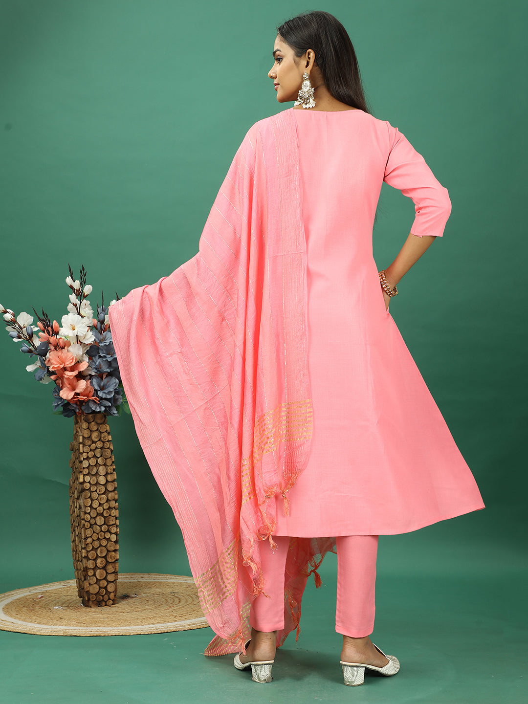 Bollywood Vogue Ready To Wear Pink Rayon Embroidered Narrow Straight Pant Suit - Back View