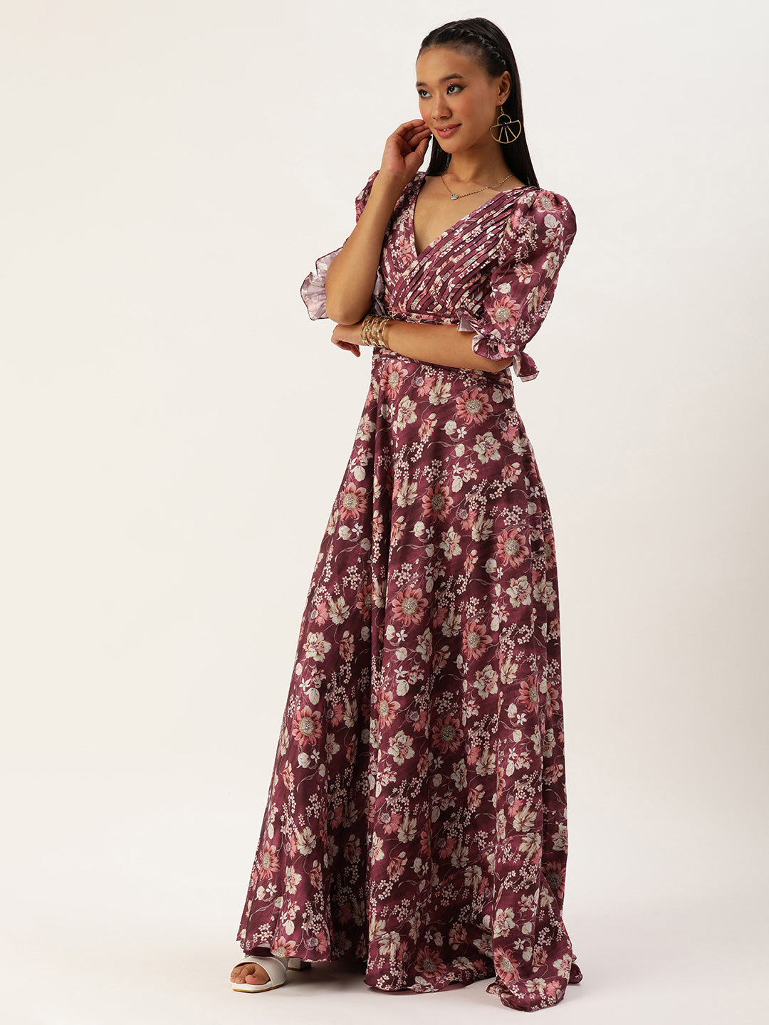 Bollywood Vogue Ready To Wear Maroon Art Silk Printed Gown - Side View