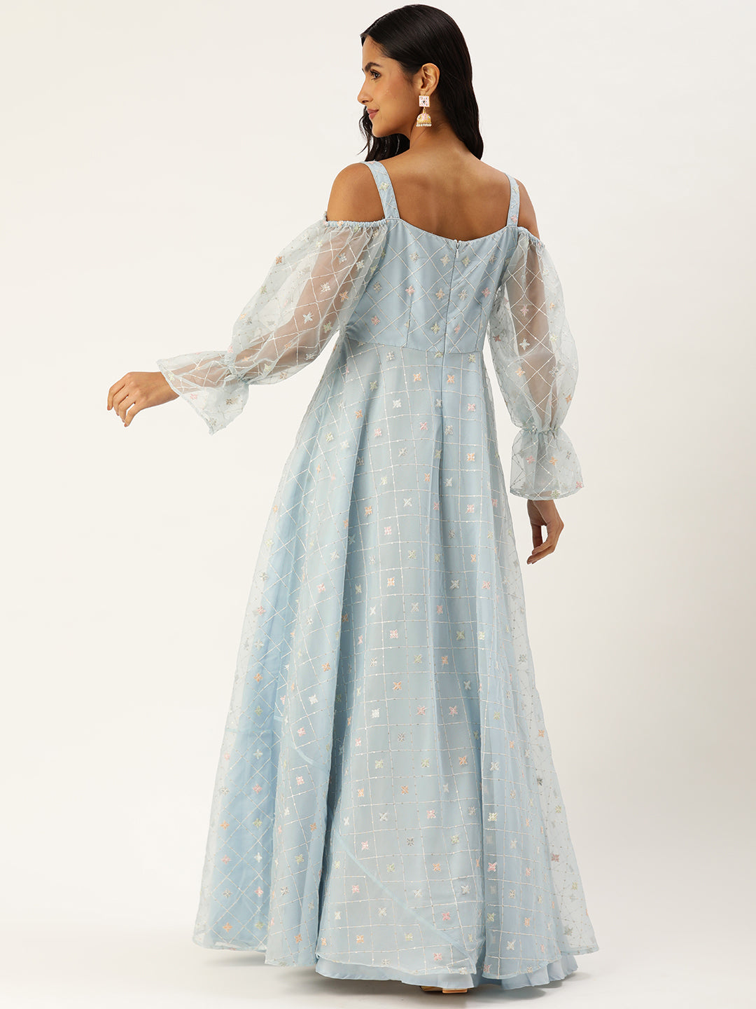 Bollywood Vogue Ready To Wear Light Blue Embroidered Organza Gown - Side View