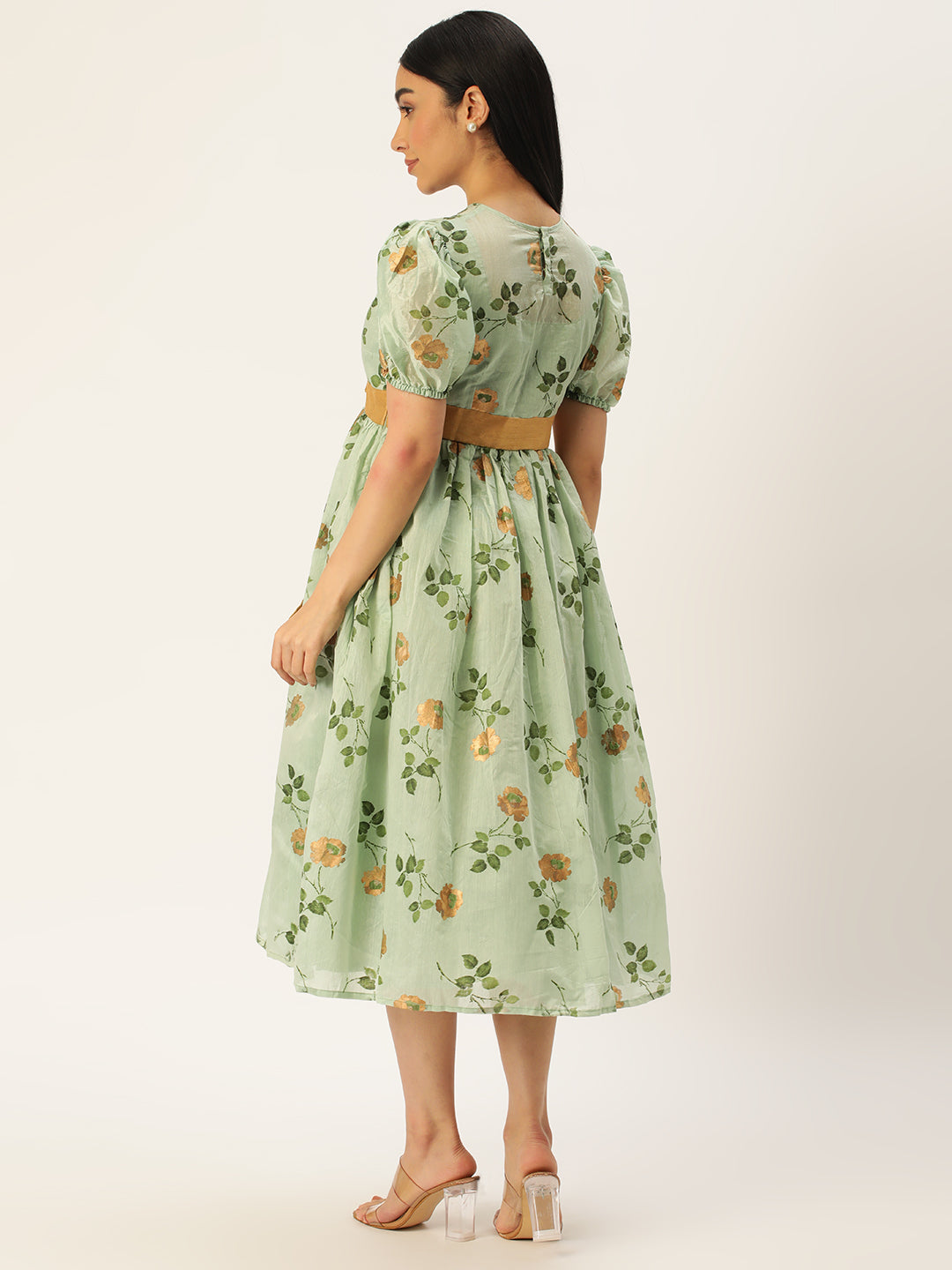 Bollywood Vogue Ready To Wear Green Chanderi Silk Puff Sleeve Dress - Back View