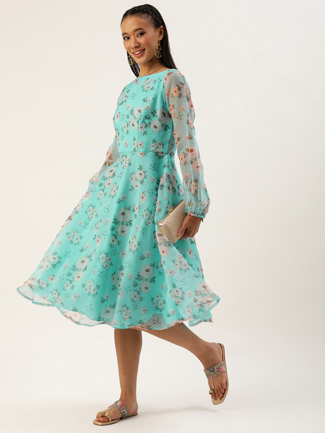 Bollywood Vogue Ready To Wear Blue Digital Printed Organza Dress - Detail View