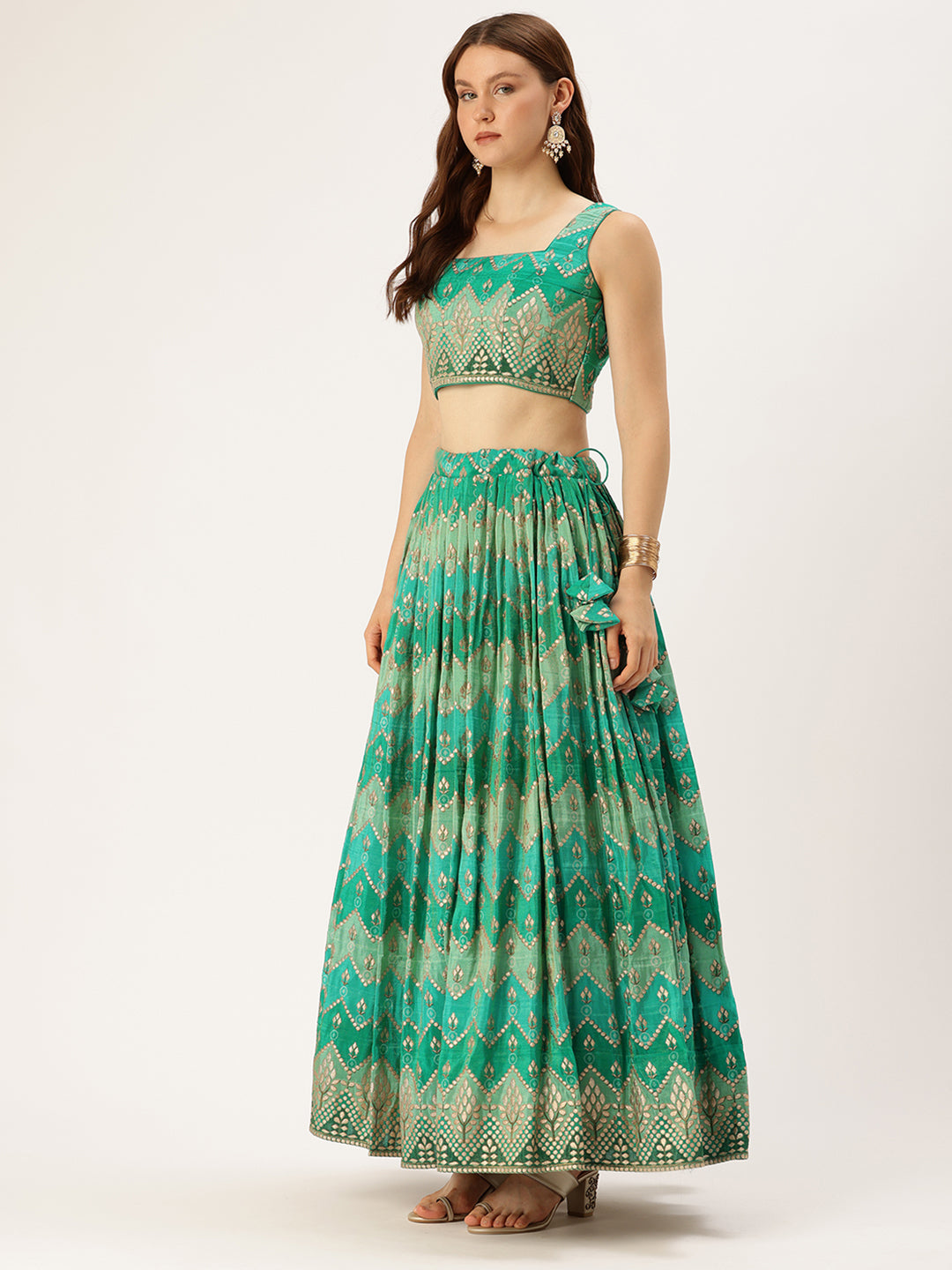 Bollywood Vogue Ready To Wear Green Art Silk Print Zari Pleated Lehenga Set - Additional View 2