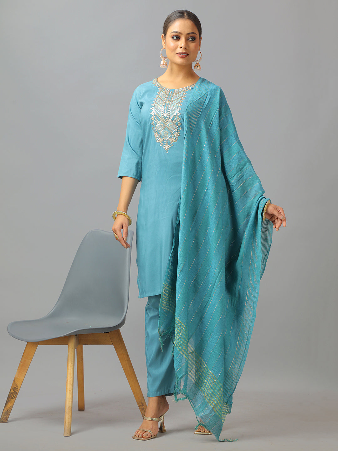 Bollywood Vogue Ready To Wear Blue Art Silk Embroidered Straight Pant Suit - Front View
