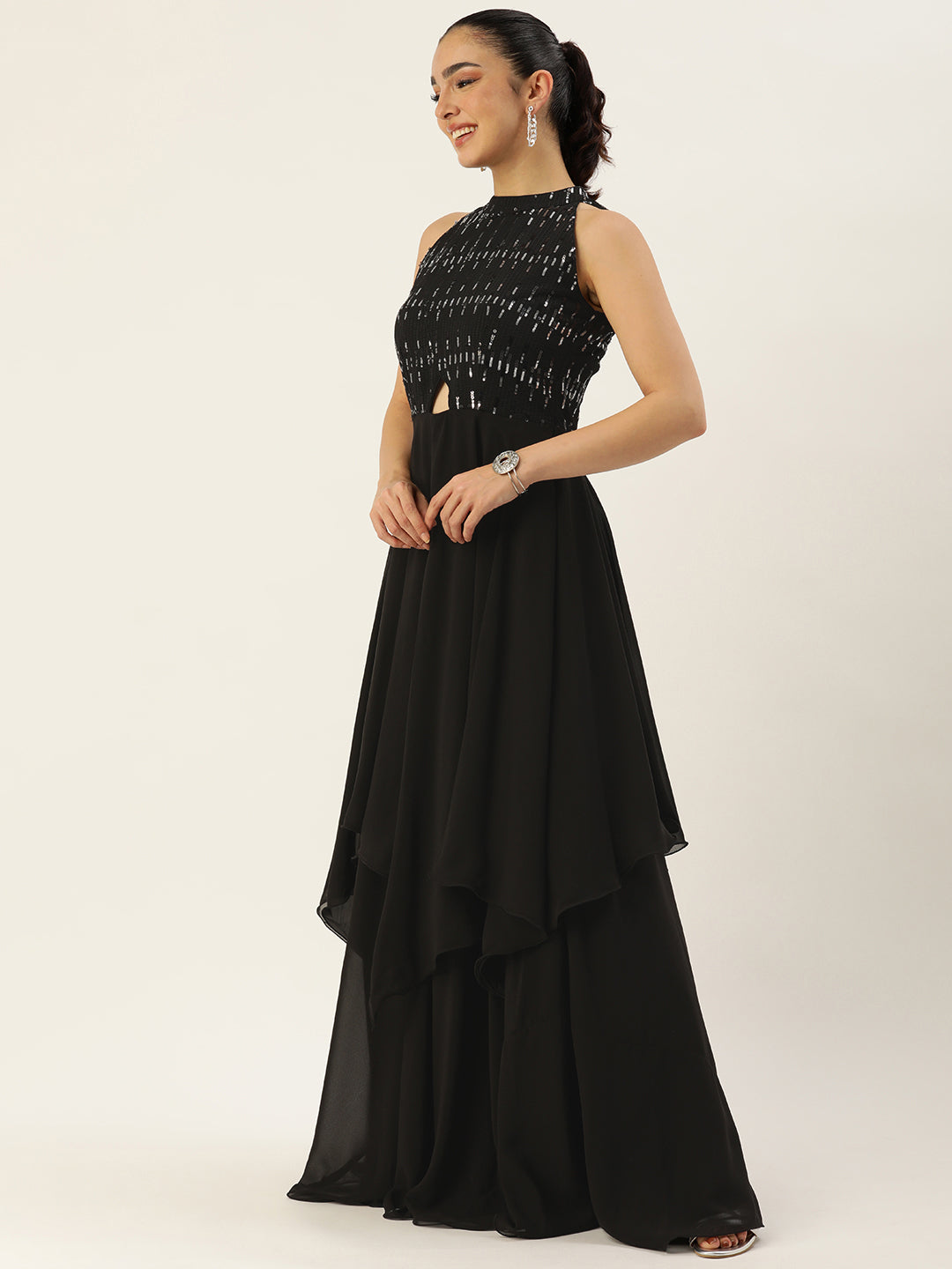 Bollywood Vogue Ready To Wear Black Embroidered Halter Neck Gown - Side View