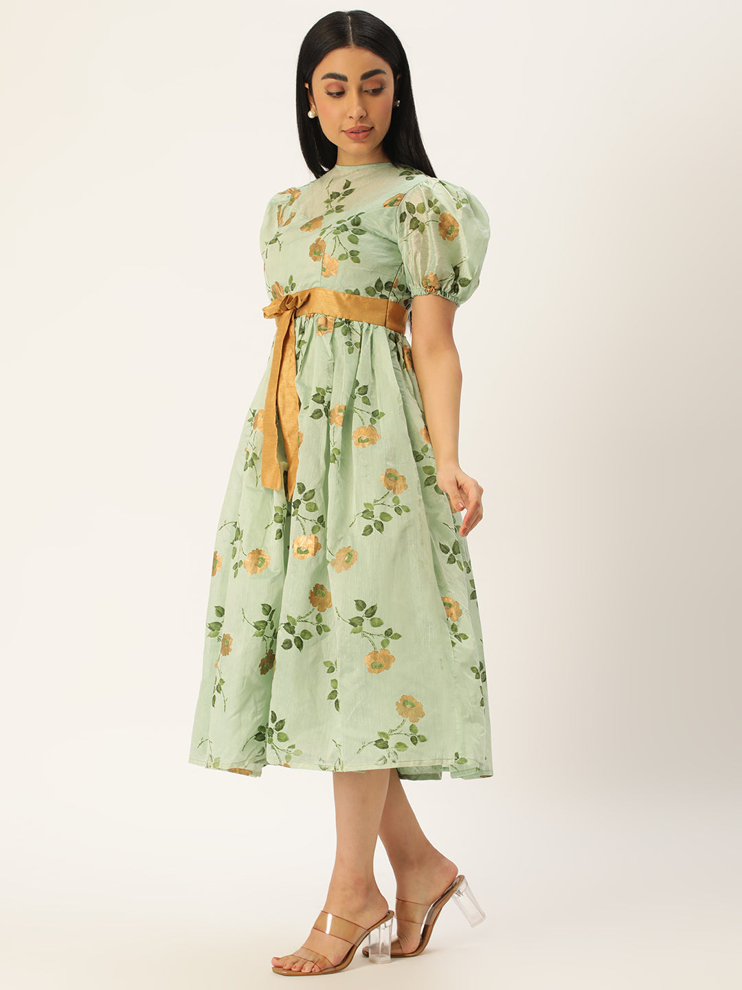 Bollywood Vogue Ready To Wear Green Chanderi Silk Puff Sleeve Dress - Side View