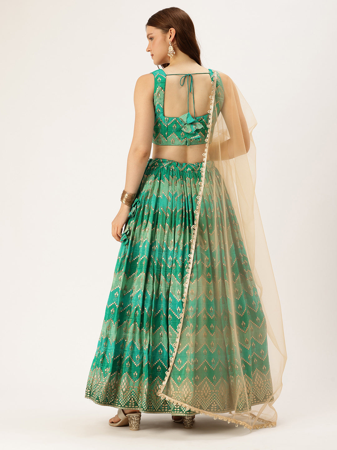Bollywood Vogue Ready To Wear Green Art Silk Print Zari Pleated Lehenga Set - Back View