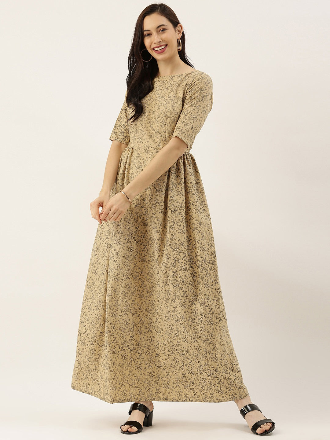 Bollywood Vogue Ready To Wear Beige Printed Rayon Boat Neck Maxi Dress - Front View