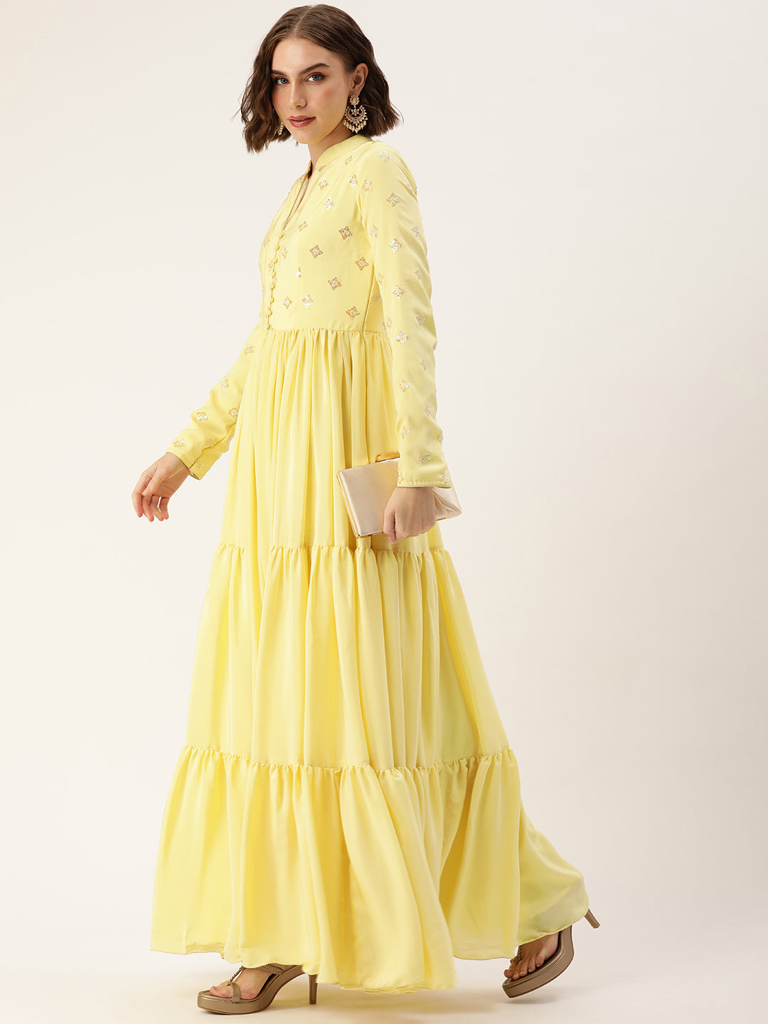 Bollywood Vogue Ready To Wear Yellow Embroidered Art Silk Gown - Side View