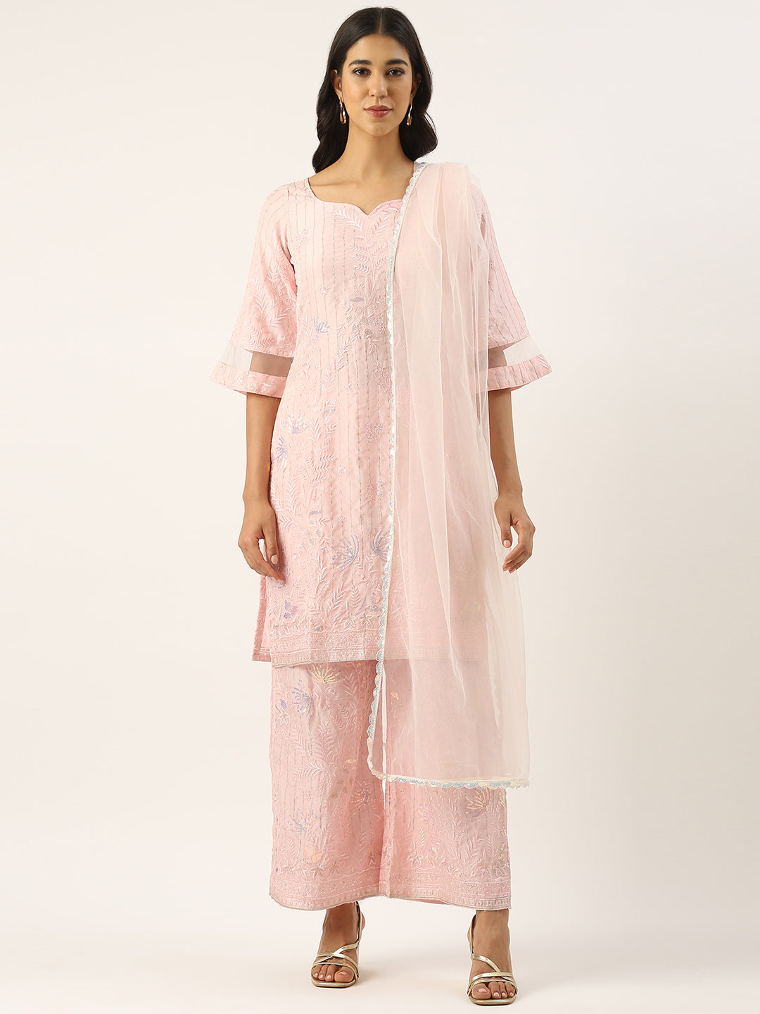 Bollywood Vogue Ready To Wear Pink Georgette Embroidered Wide Leg Pant Suit - Front View
