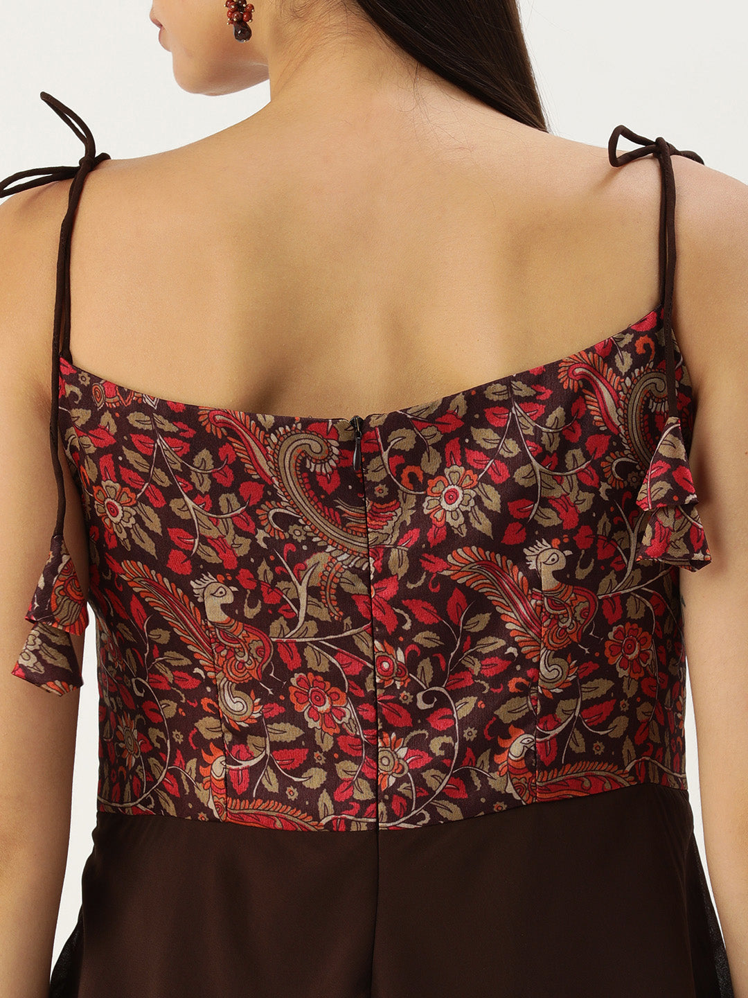 Bollywood Vogue Ready To Wear Multicolored Art Silk Printed N Brown Layered Dress - Detail View