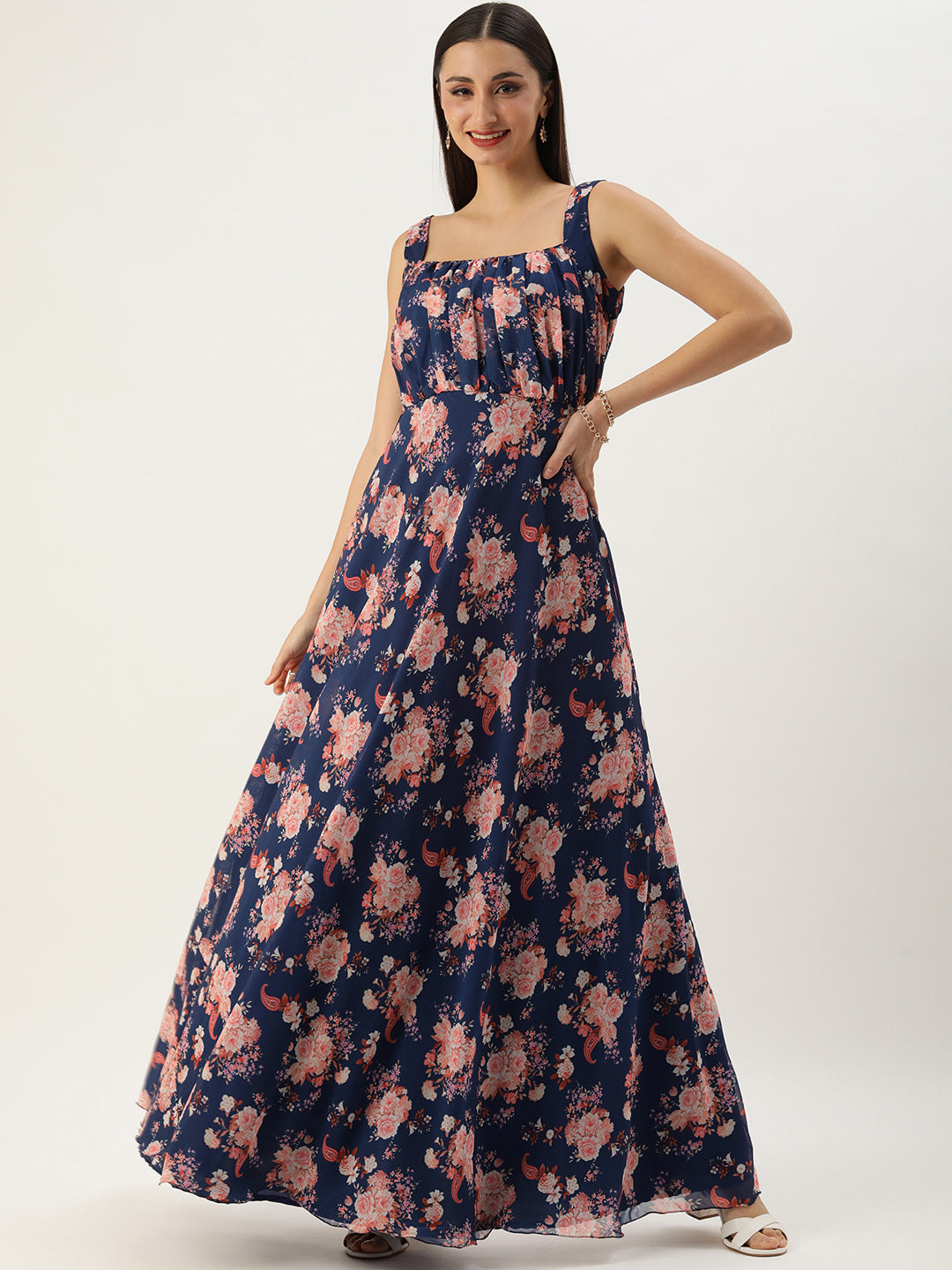 Bollywood Vogue Ready To Wear Blue Georgette Digital Printed Dress - Front View