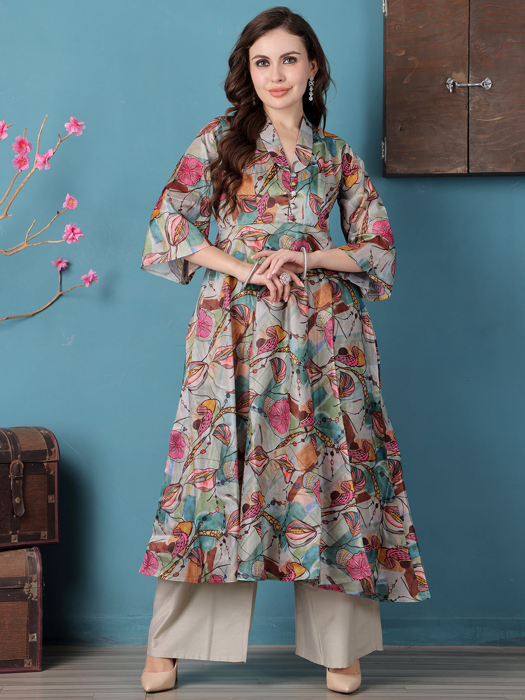 Bollywood Vogue Ready To Wear Multicolored Crepe Digital Printed Kurta Set - Detail View