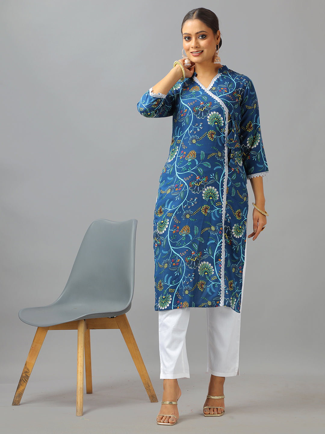 Bollywood Vogue Ready To Wear Blue Art Silk Cotton Kurta Straight Pant Suit - Detail View