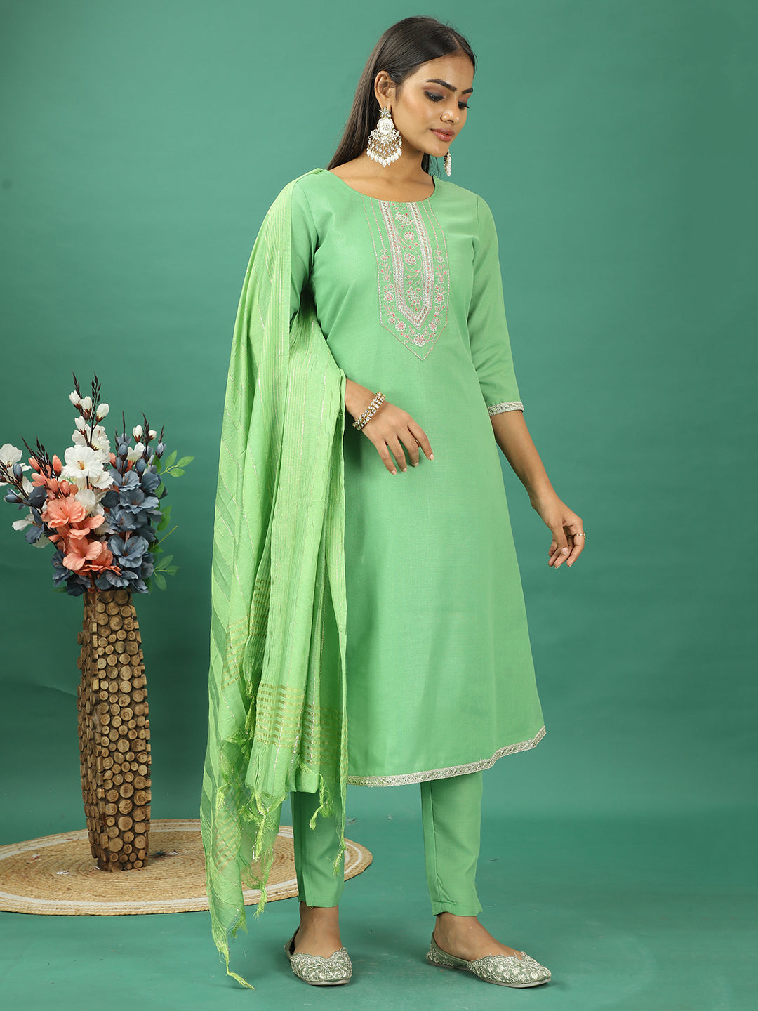 Bollywood Vogue Ready To Wear Green Rayon Embroidered Narrow Straight Pant Suit - Additional View 2