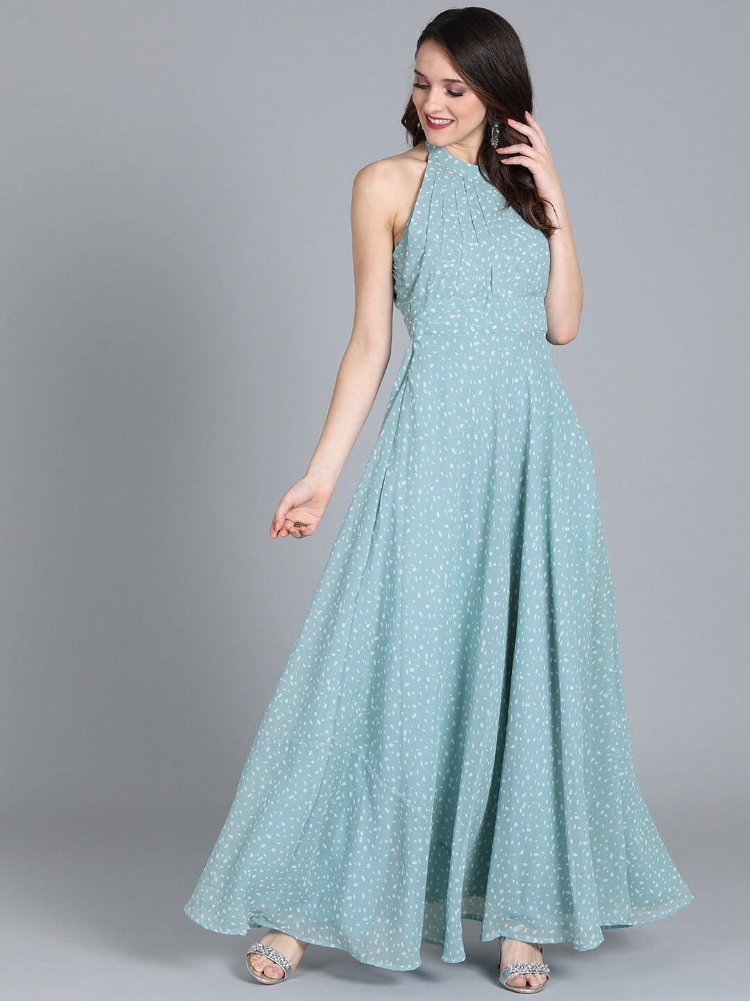 Bollywood Vogue Ready To Wear Blue Halter Neck Georgette Gown - Front View