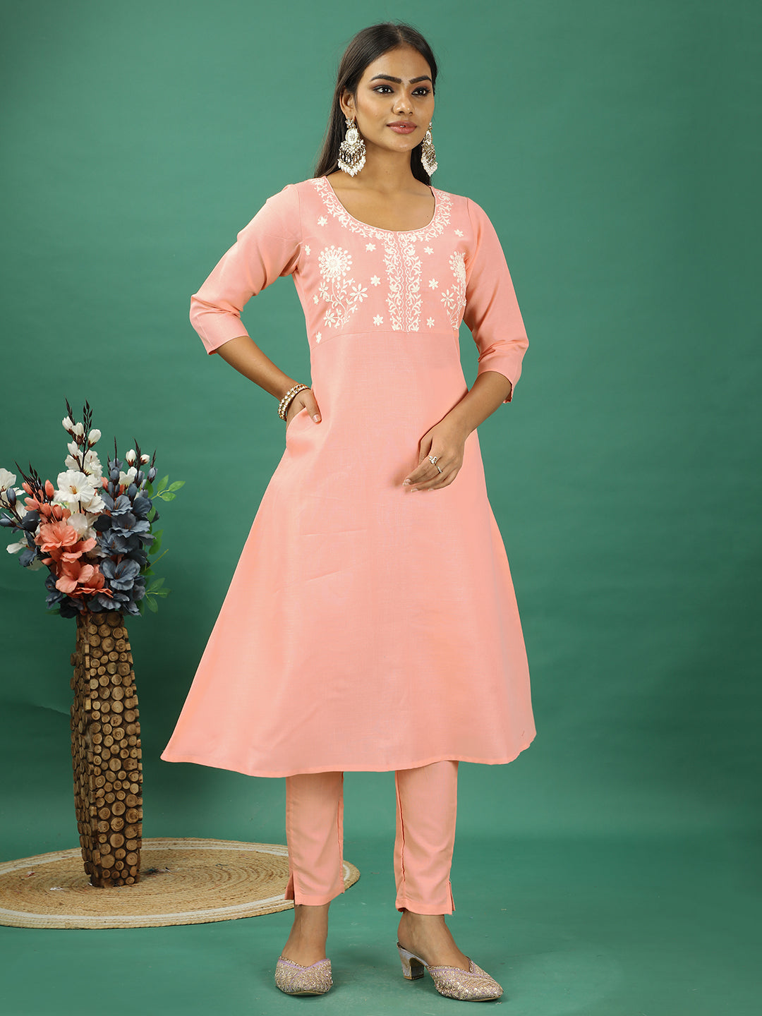 Bollywood Vogue Ready To Wear Peach Rayon Embroidered Narrow Straight Pant Suit - Side View