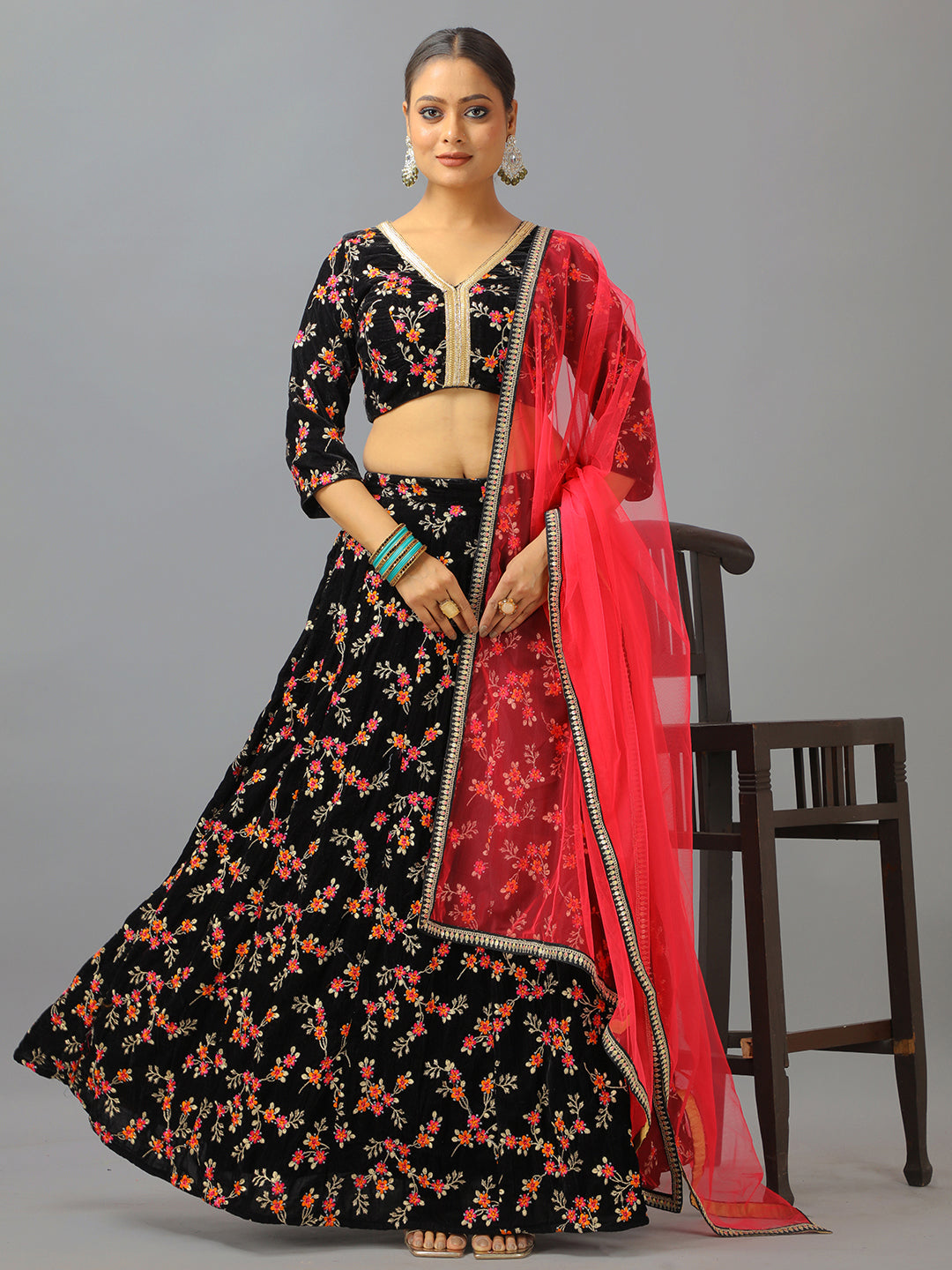 Bollywood Vogue Ready To Wear Black Velvet Embroidered Lehenga Set - Front View