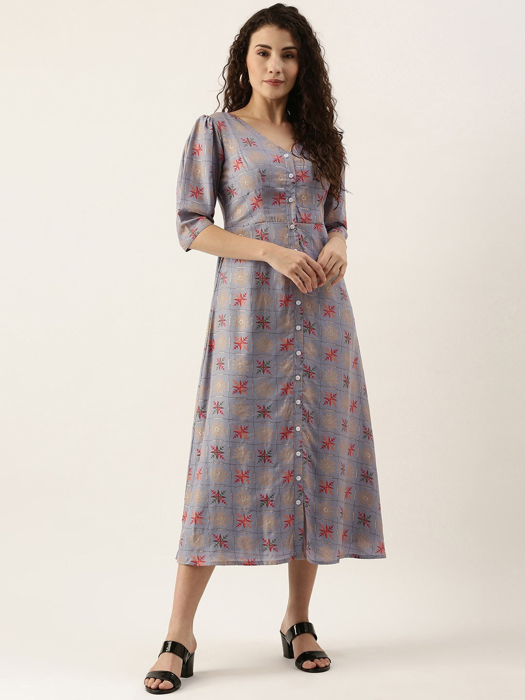 Bollywood Vogue Ready To Wear Blue Foil Printed A line Dress - Front View