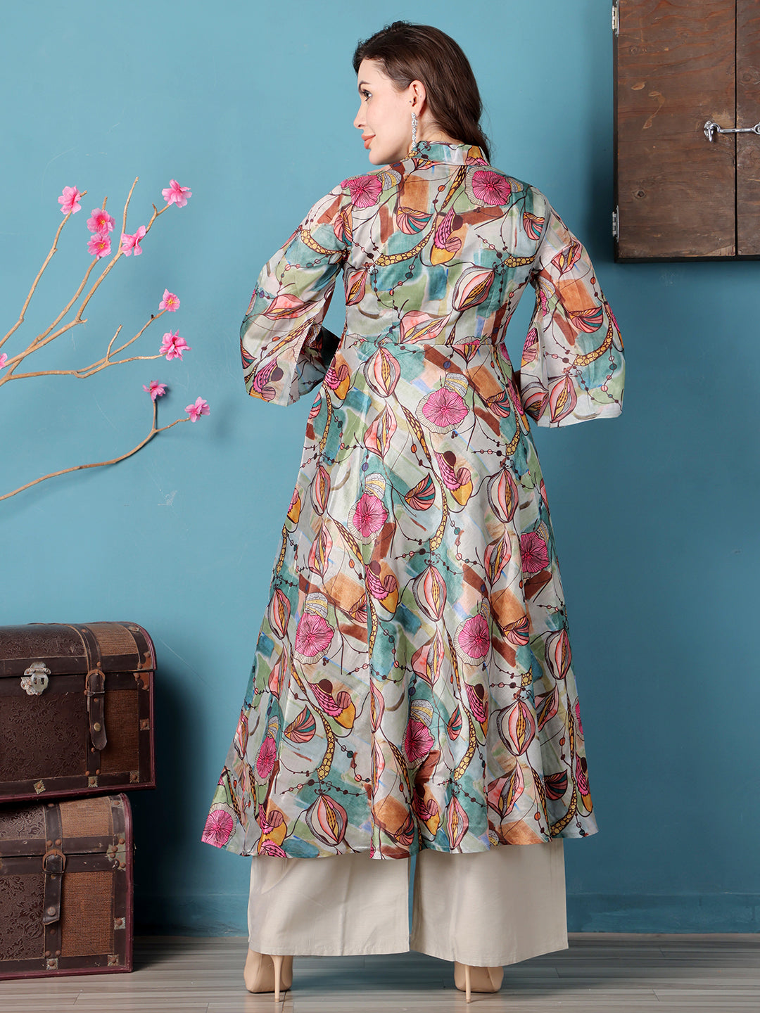 Bollywood Vogue Ready To Wear Multicolored Crepe Digital Printed Kurta Set - Back View