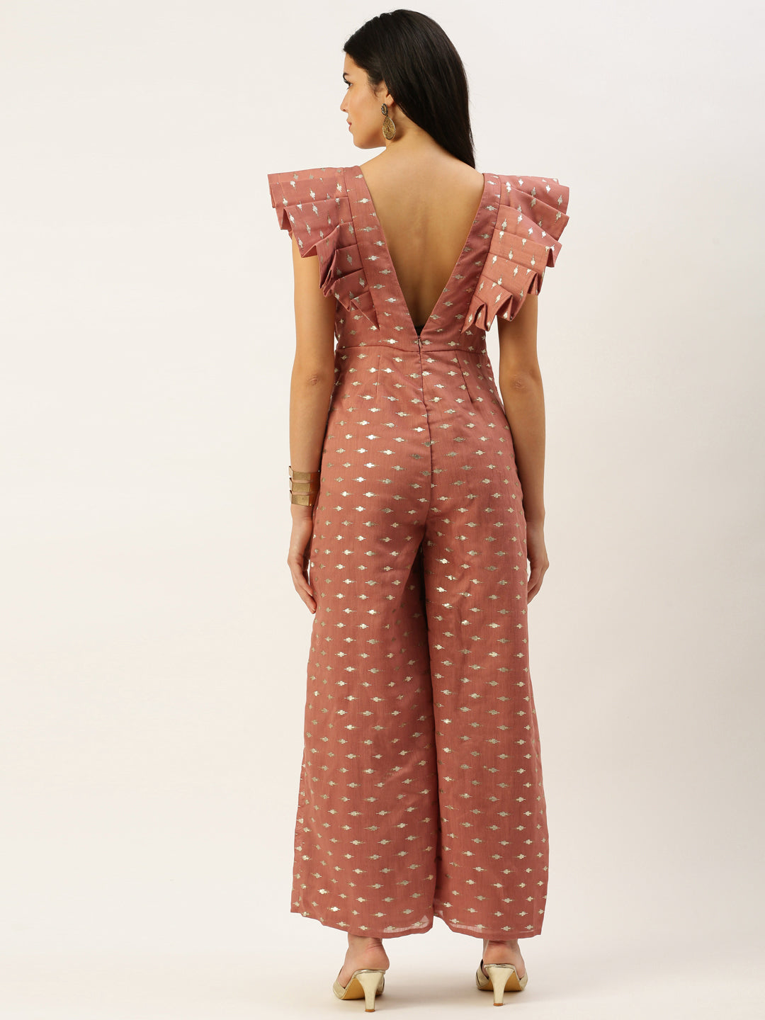 Bollywood Vogue Ready To Wear Peach Foil Printed Elaborated Sleeve Jumpsuit - Side View