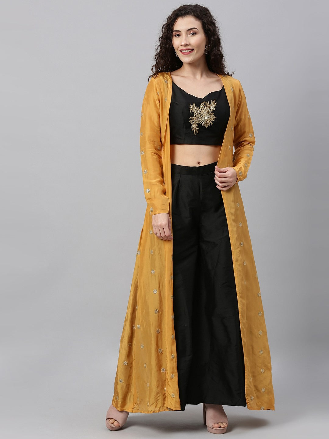 Bollywood Vogue Ready To Wear Embroidered Crop Top N Palazzo Bottom With Jacket - Side View