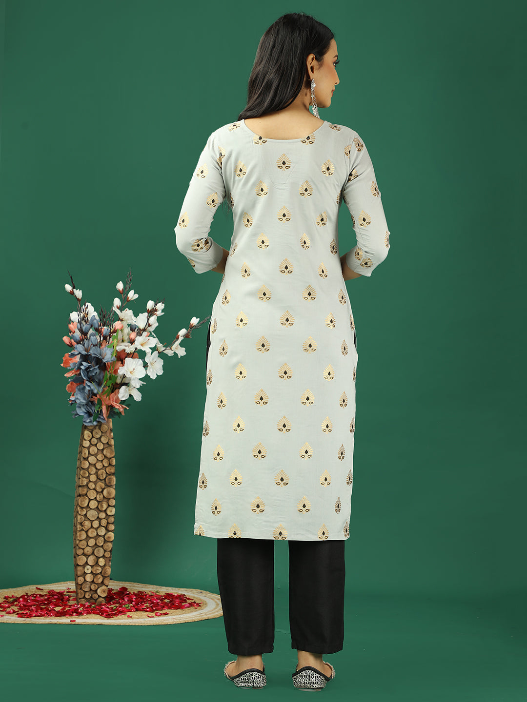 Bollywood Vogue Ready To Wear Grey Rayon Foil Printed Kurta Set - Back View