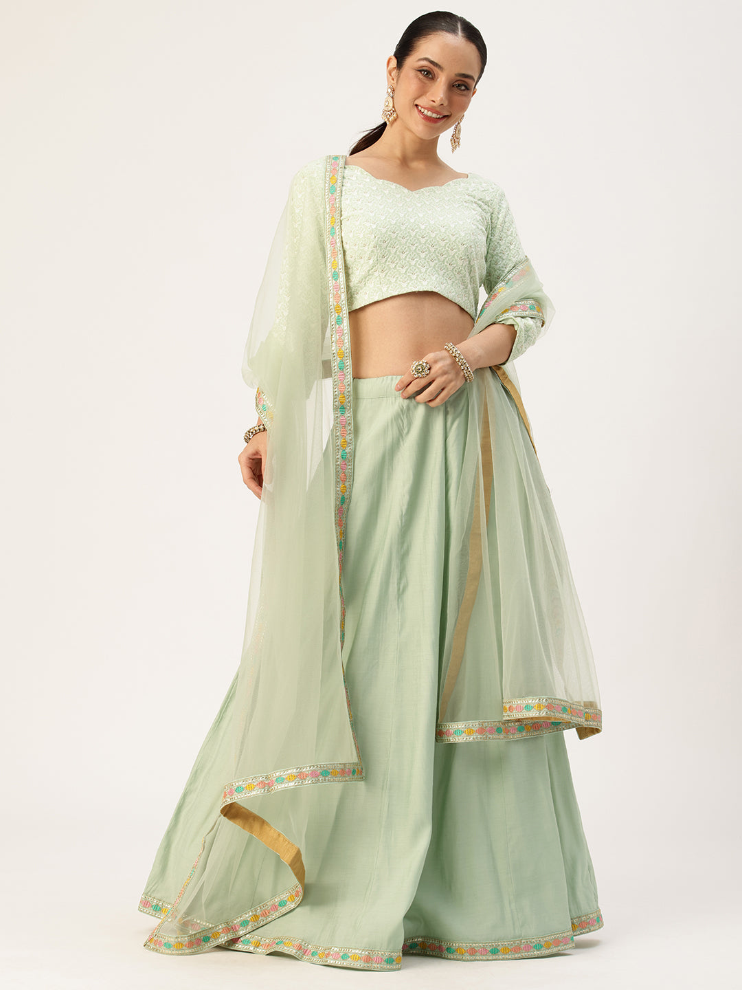 Bollywood Vogue Ready To Wear Mint Green Embroidered Kali Style Lehenga Set - Front View
