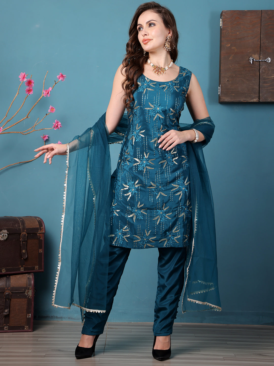 Bollywood Vogue Ready To Wear Teal Green Crepe Embroidered Salwar Kameez - Front View