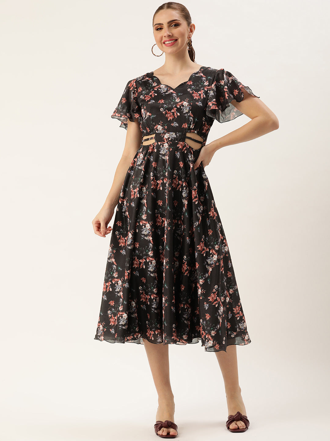 Bollywood Vogue Ready To Wear Black Chinon Side Cut Out Dress - Front View