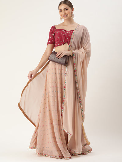 Bollywood Vogue Ready To Wear Beige N Teal Georgette Embroidered Lehenga Set - Front View