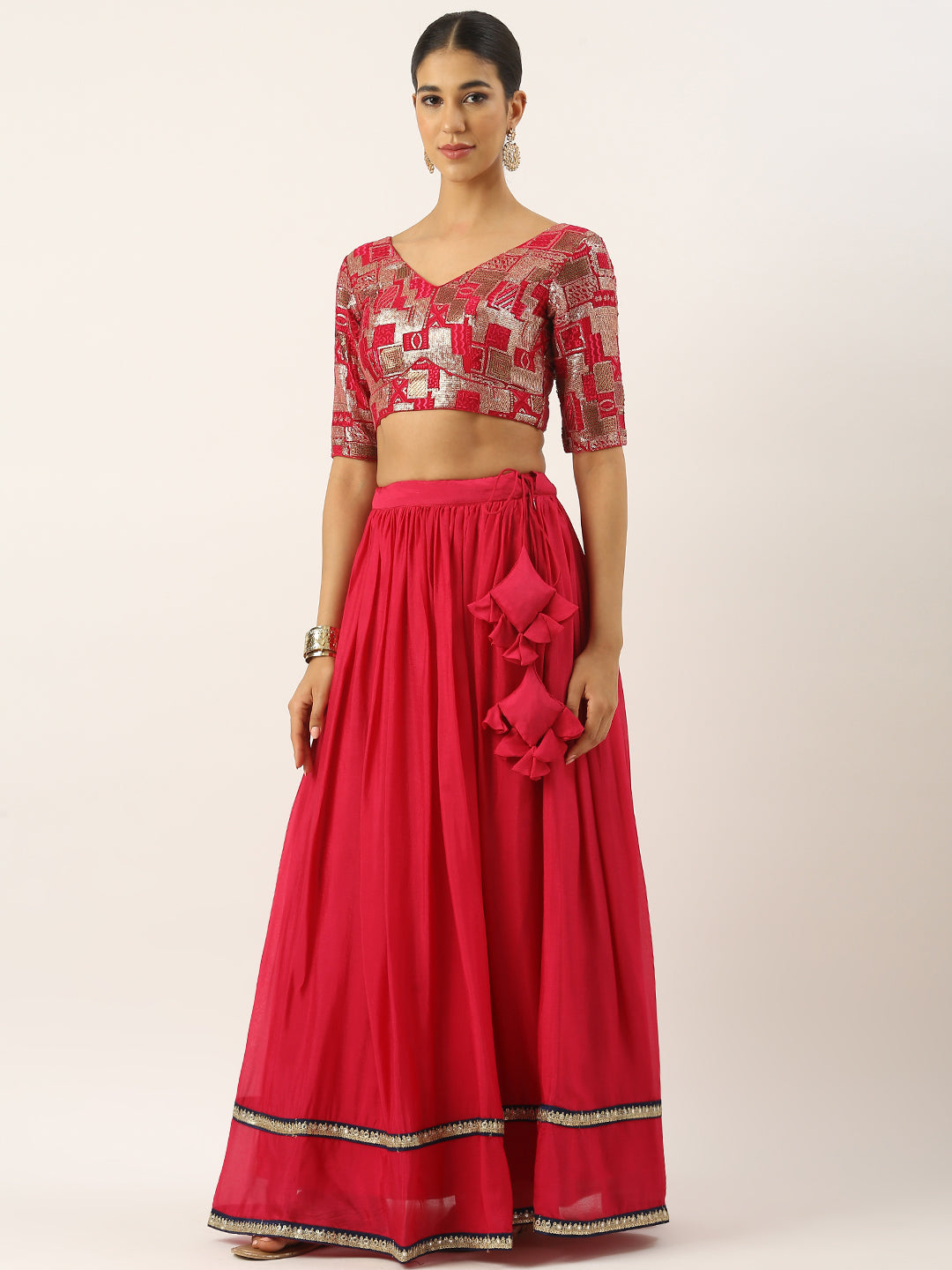 Bollywood Vogue Ready To Wear Pink Chinon Embroidered Gather Style Lehenga Set - Side View