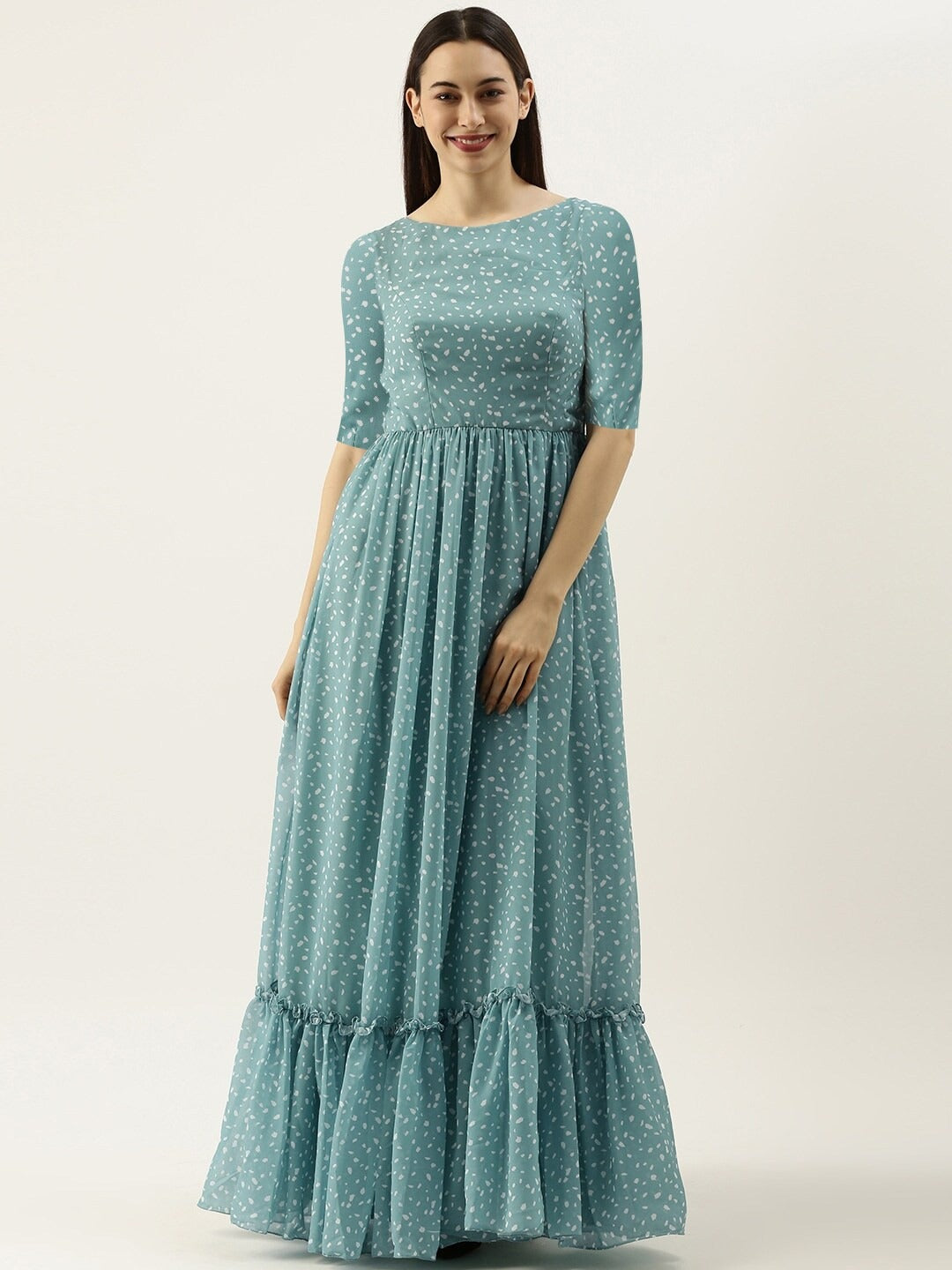 Bollywood Vogue Ready To Wear Blue N White Digital Printed Georgette Tiered Dress - Front View