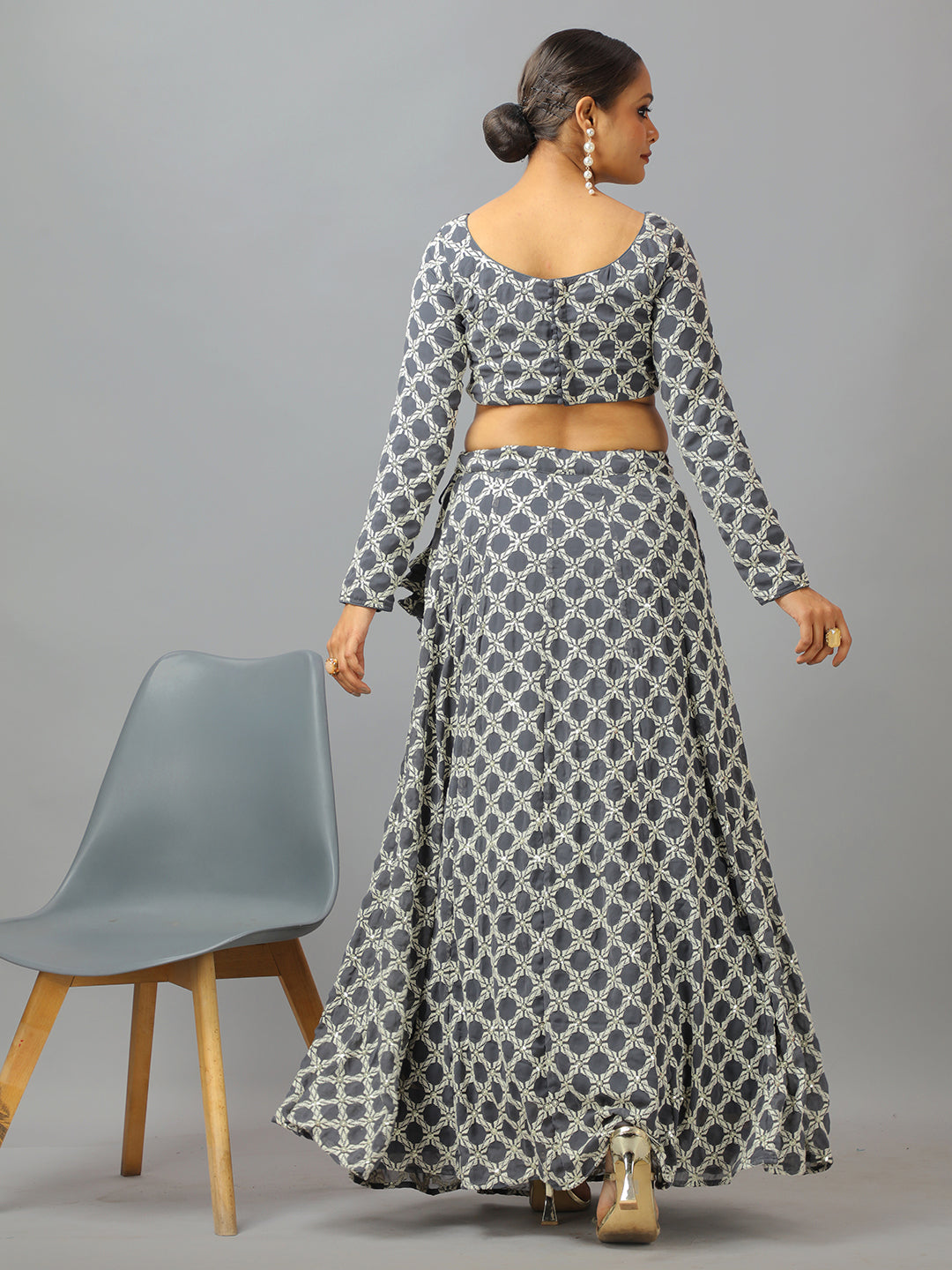 Bollywood Vogue Ready To Wear Grey Georgette Embroidered Lehenga Set - Detail View