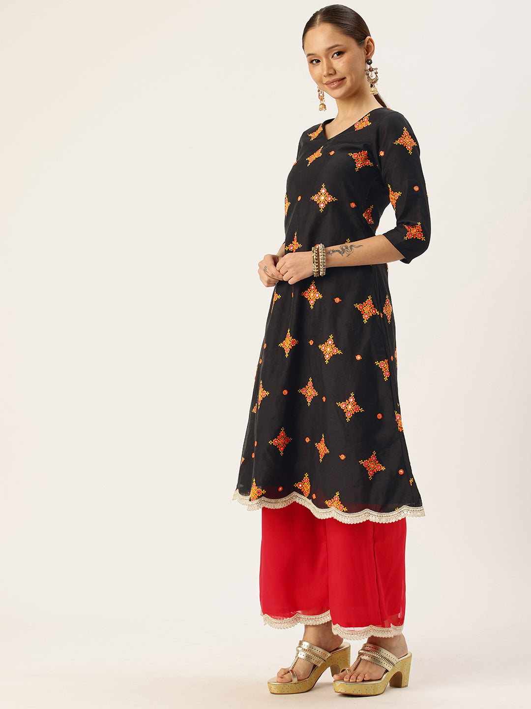 Bollywood Vogue Ready To Wear Black Embroidered Cotton Wide Leg Pant Suit - Back View