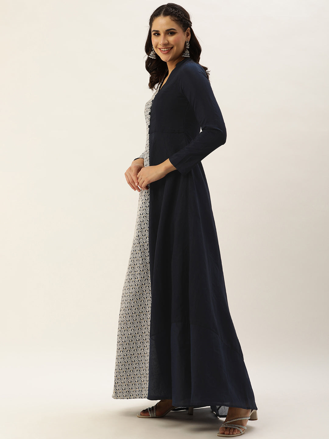 Bollywood Vogue Ready To Wear Blue Embroidered Art Silk Half N Half Gown - Side View