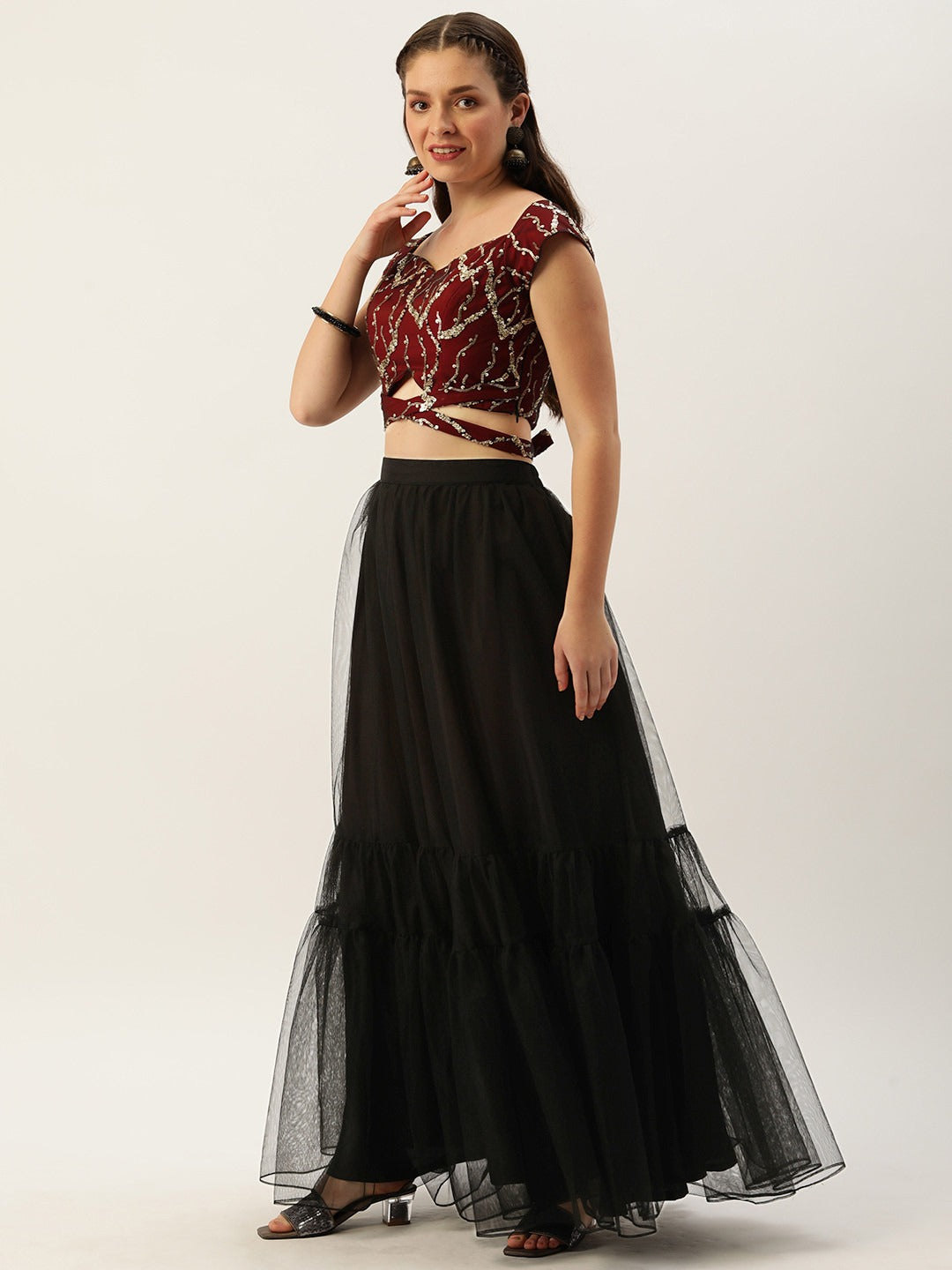 Bollywood Vogue Ready To Wear Maroon N Black Sweetheart Neck Umbrella Lehenga - Side View
