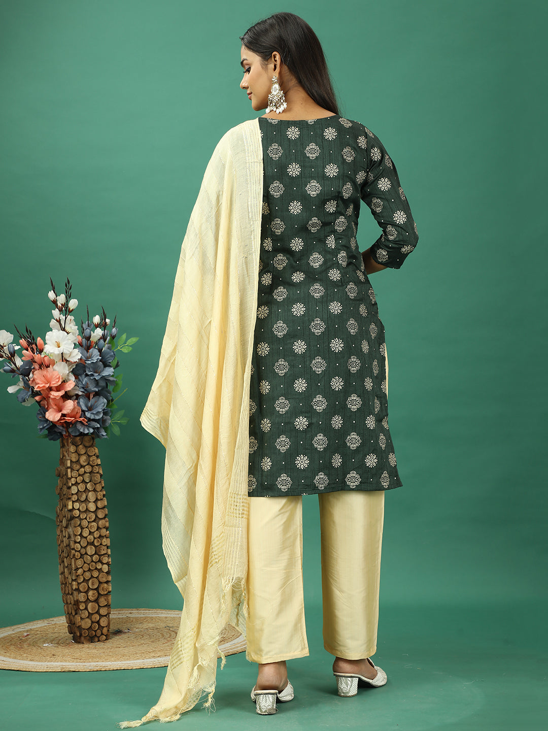 Bollywood Vogue Ready To Wear Gold Art Silk Embroidered Straight Pant Suit - Back View