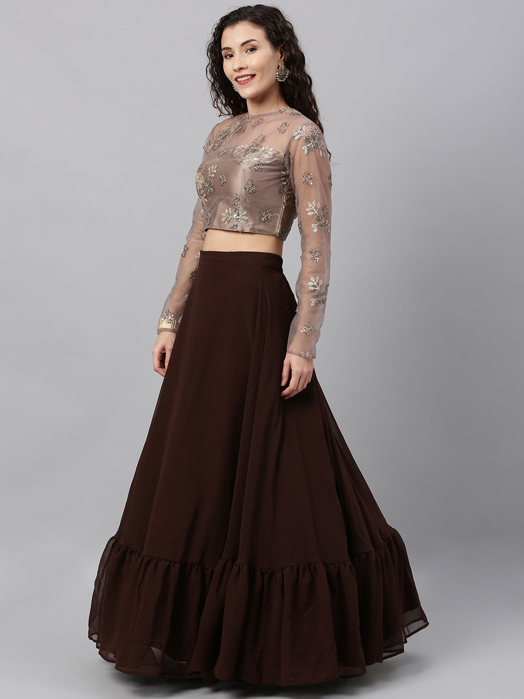 Bollywood Vogue Ready To Wear Grey Embroidered Net N Brown Lehenga Set - Side View