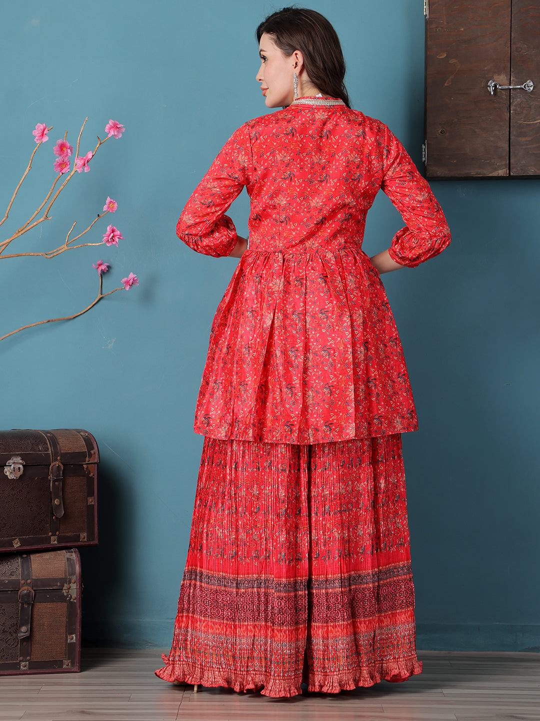 Bollywood Vogue Ready To Wear Red Chinon Digital Printed Palazzo Suit - Detail View