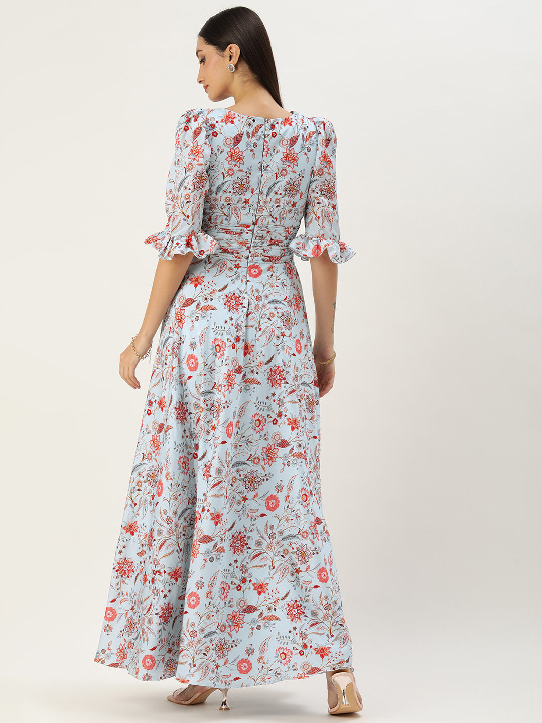Bollywood Vogue Ready To Wear Pale Blue Lily Art Silk Printed Gown - Back View