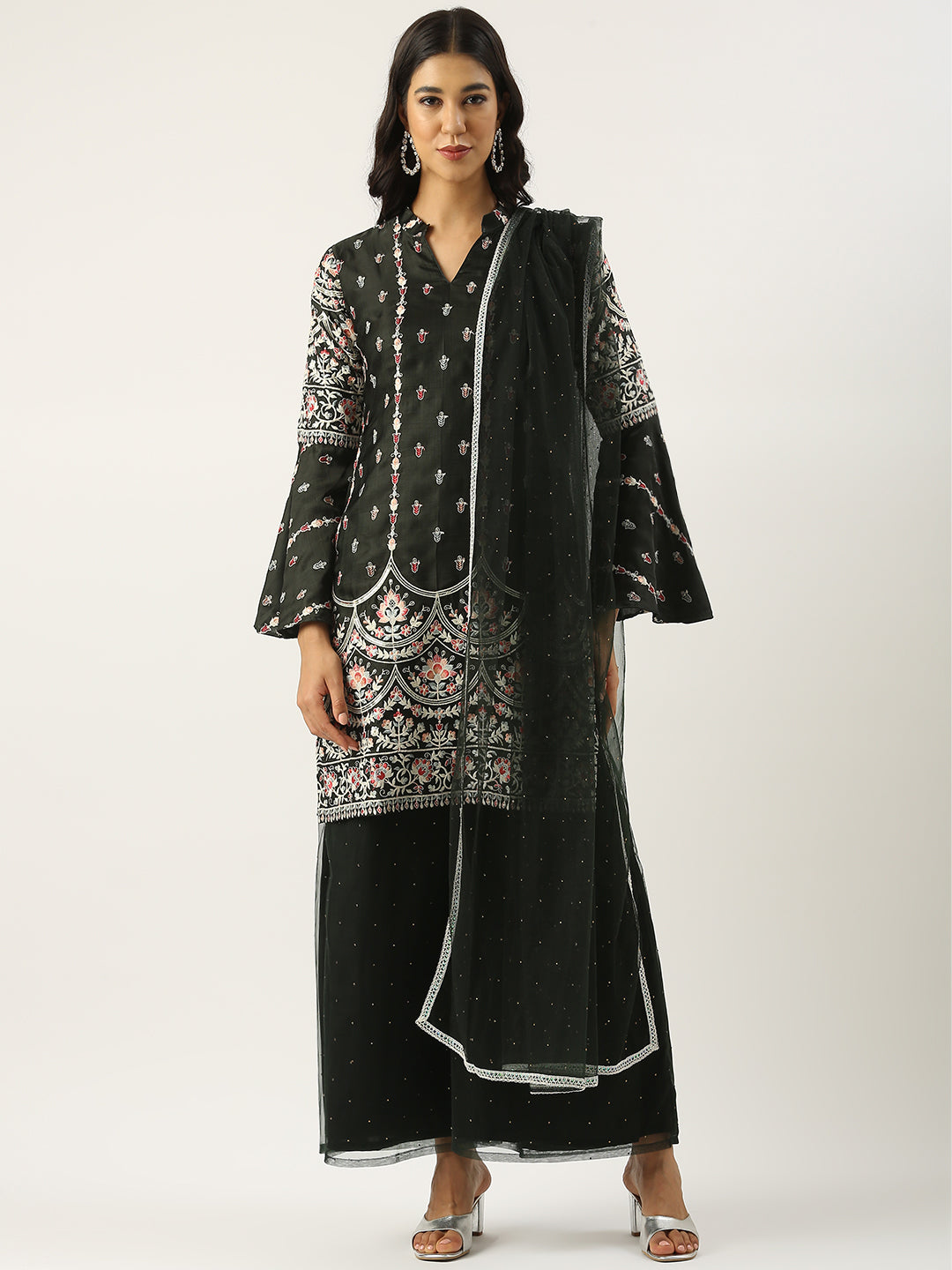 Bollywood Vogue Ready To Wear Green Art Silk Embroidered Palazzo Suit - Front View
