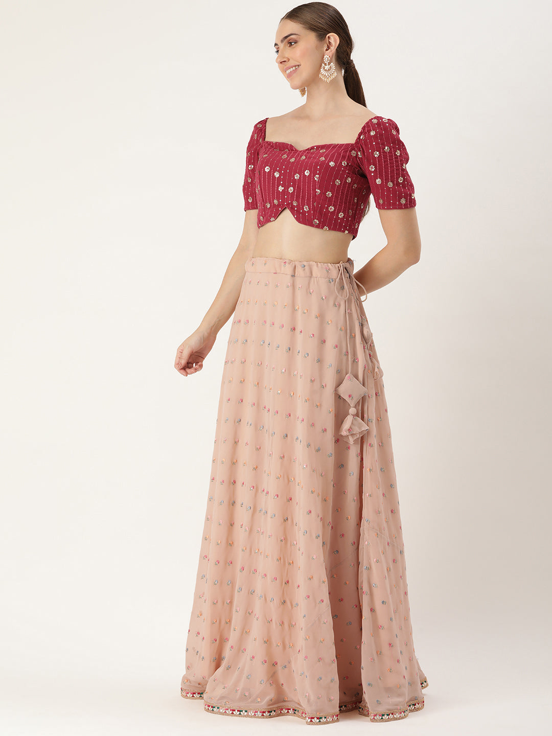 Bollywood Vogue Ready To Wear Beige N Teal Georgette Embroidered Lehenga Set - Look Shot