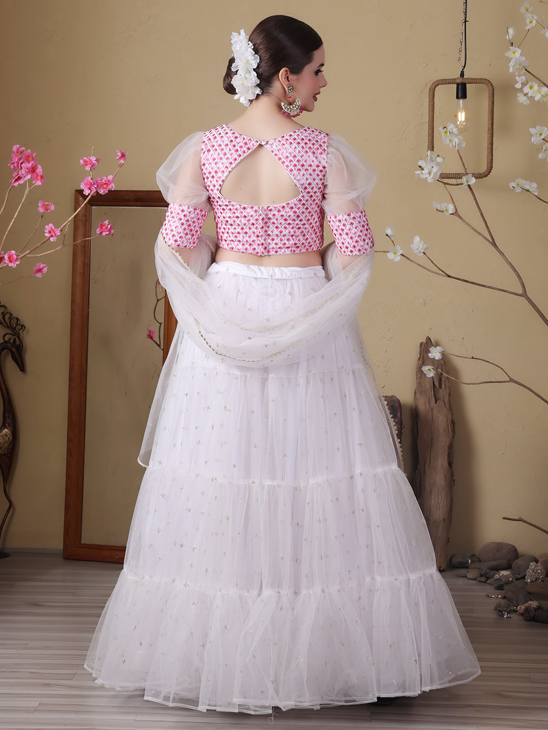 Bollywood Vogue Ready To Wear Off White Embroidered Georgette N Net Lehenga Set - Back View