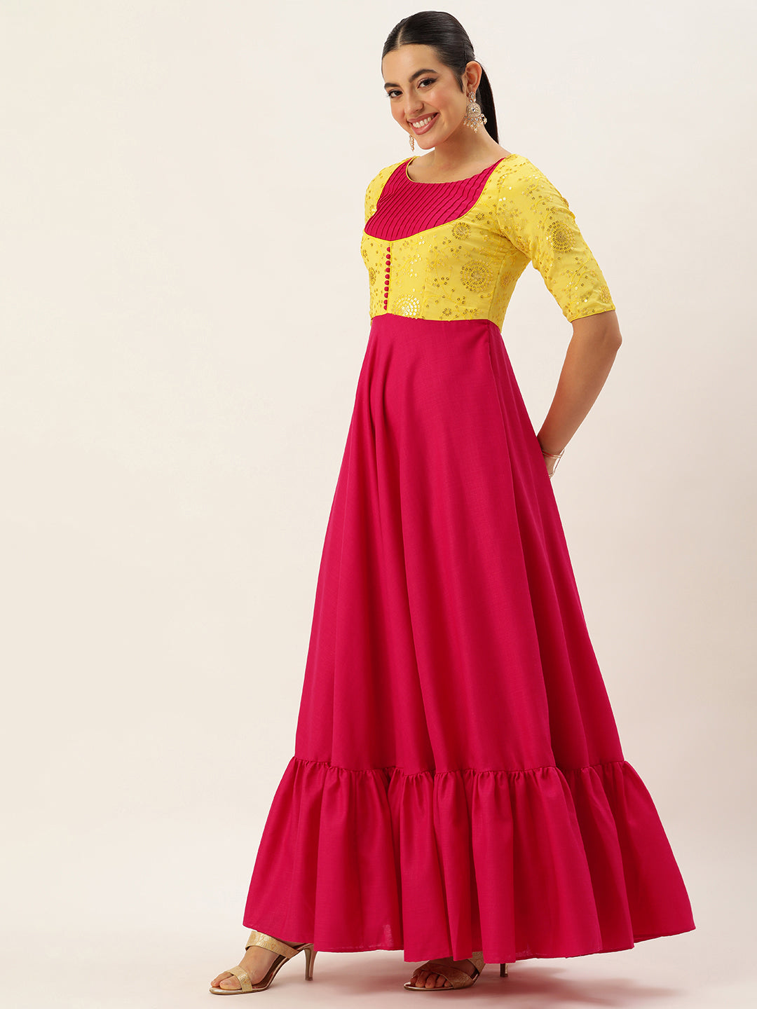 Bollywood Vogue Ready To Wear Yellow N Pink Chinon Embroidered Gown - Side View