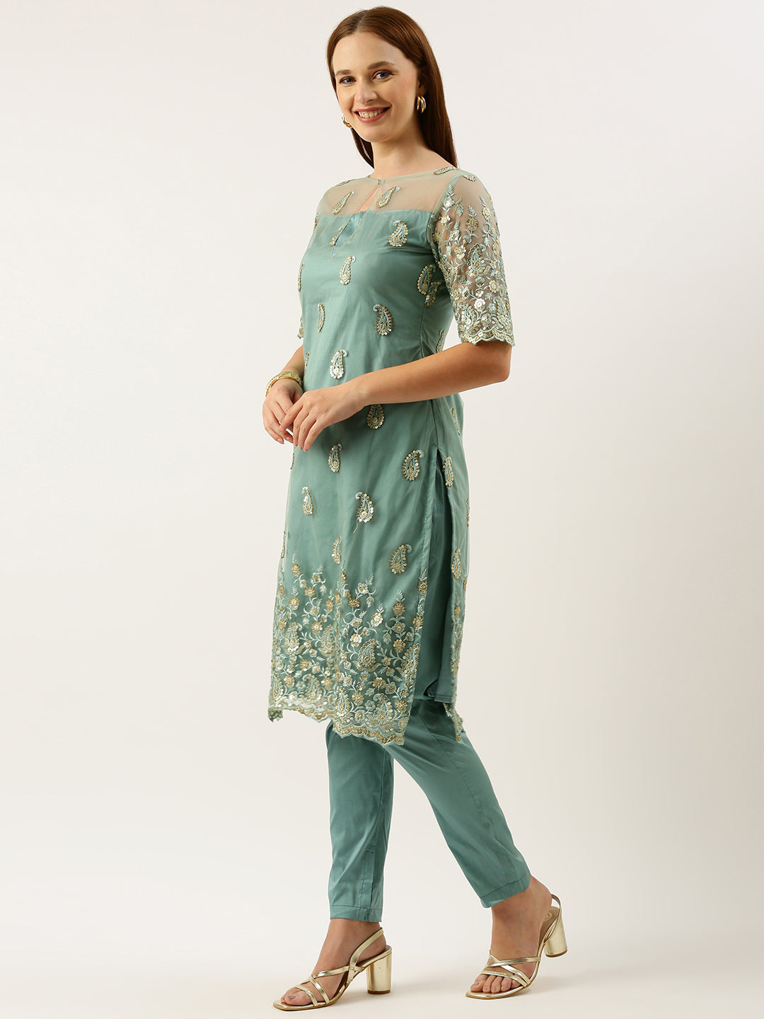 Bollywood Vogue Ready To Wear Light Blue Net Embroidered Salwar Set - Side View
