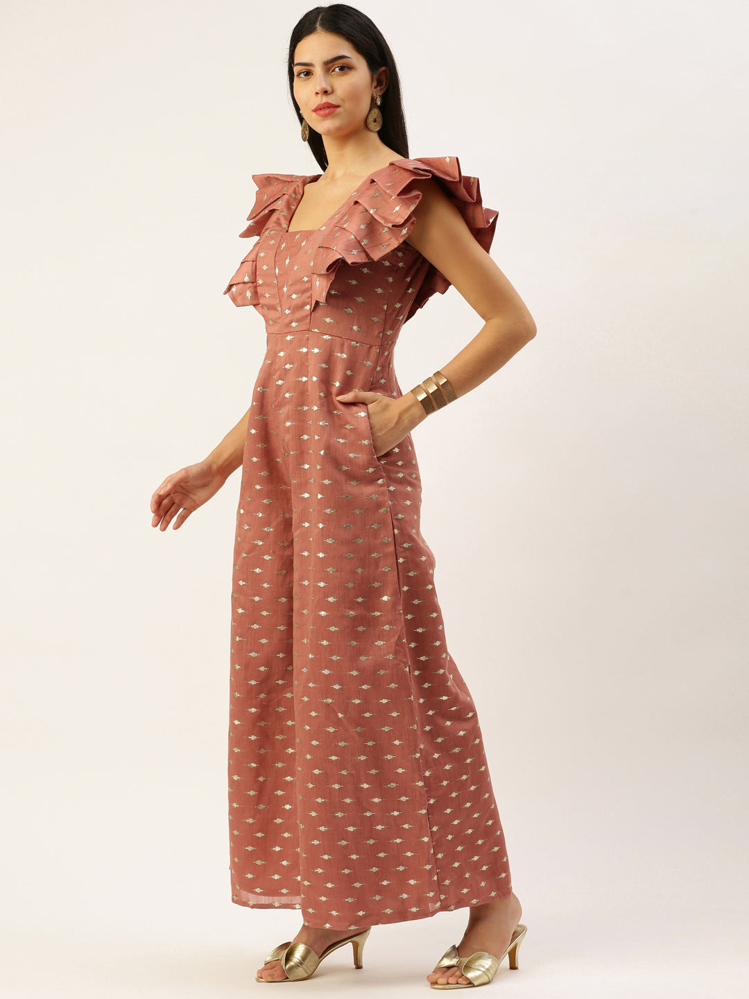 Bollywood Vogue Ready To Wear Peach Foil Printed Elaborated Sleeve Jumpsuit - Detail View